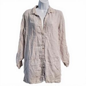 100% Linen Tahari Tunic Button Swiss Roll Tab Sleeve Poet Core Bookish Natural M